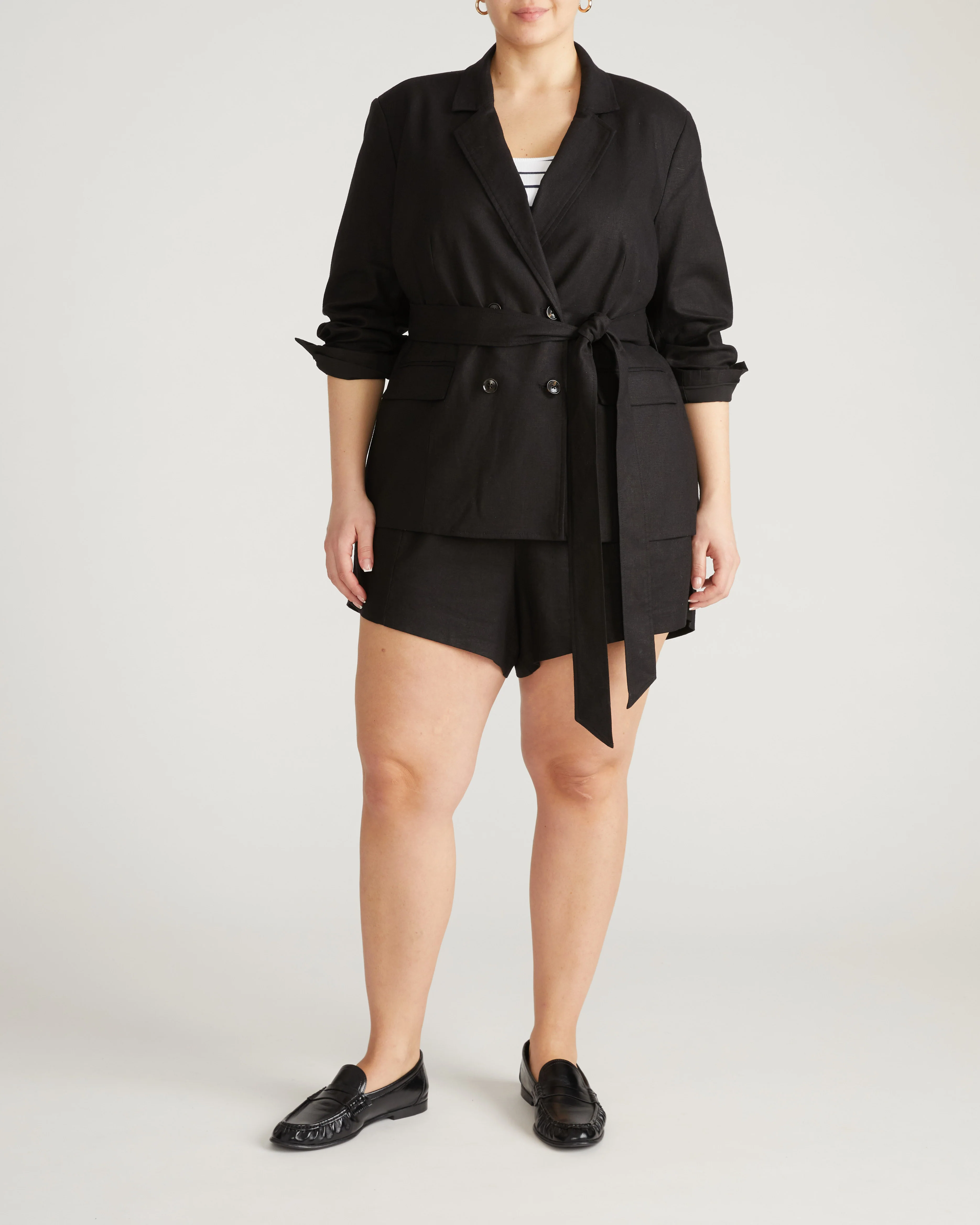Belted Double Breasted Linen Blazer - Black - Image 2