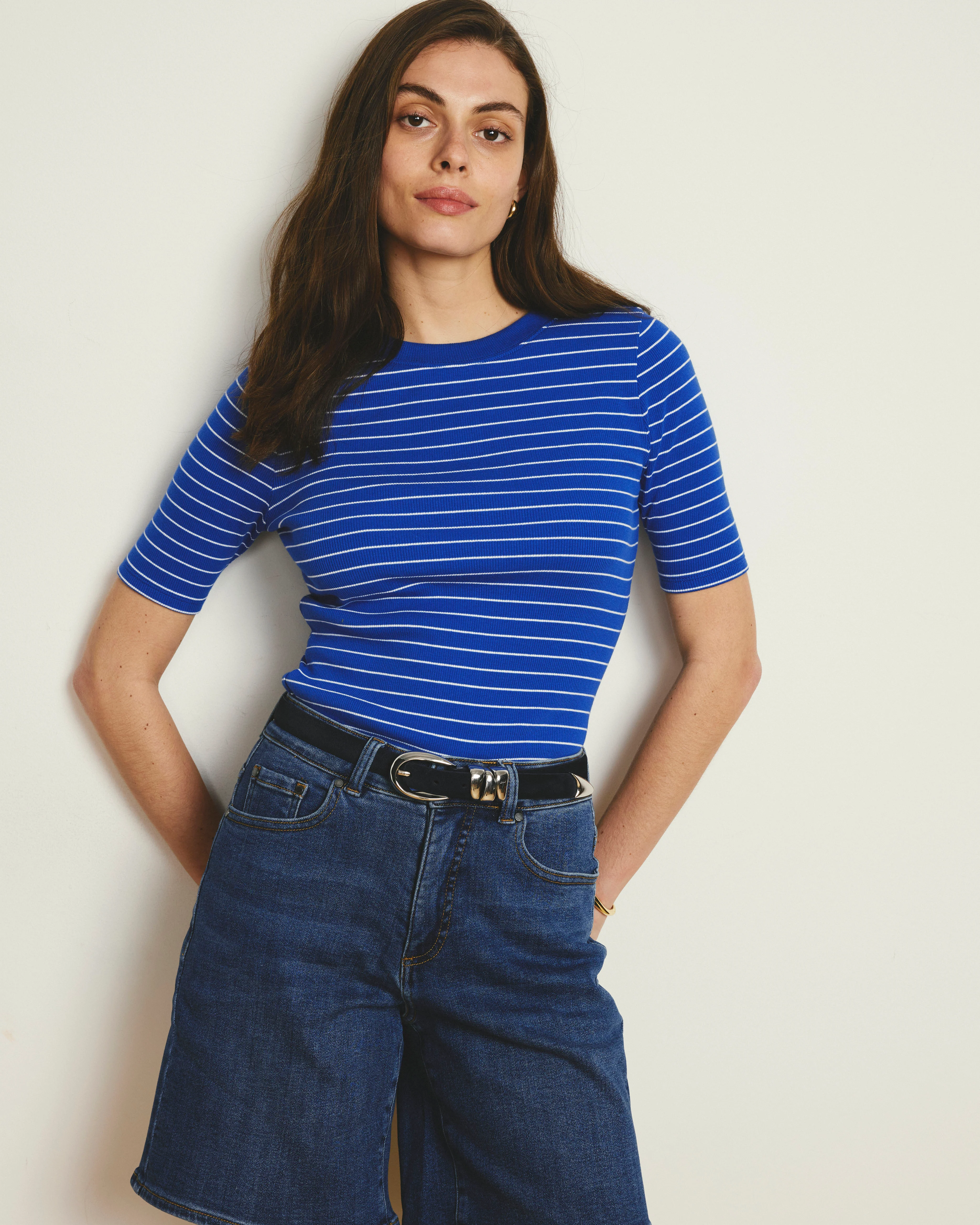 Classic Ribbed Tee - Bright Blue/White Microstripe - Image 2
