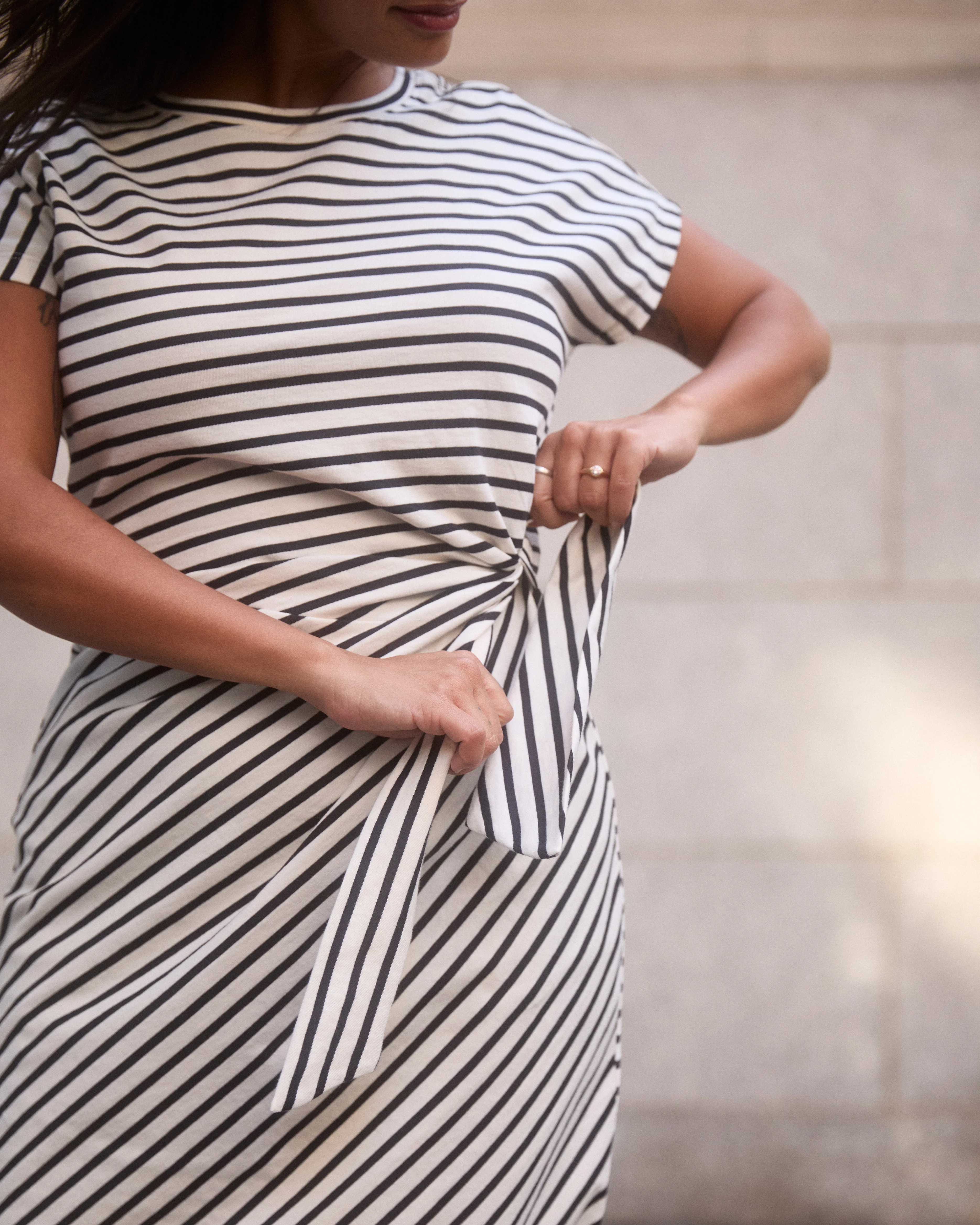 Crescent Breton Stripe Knot Dress - Ecru/Black Stripe - Image 2