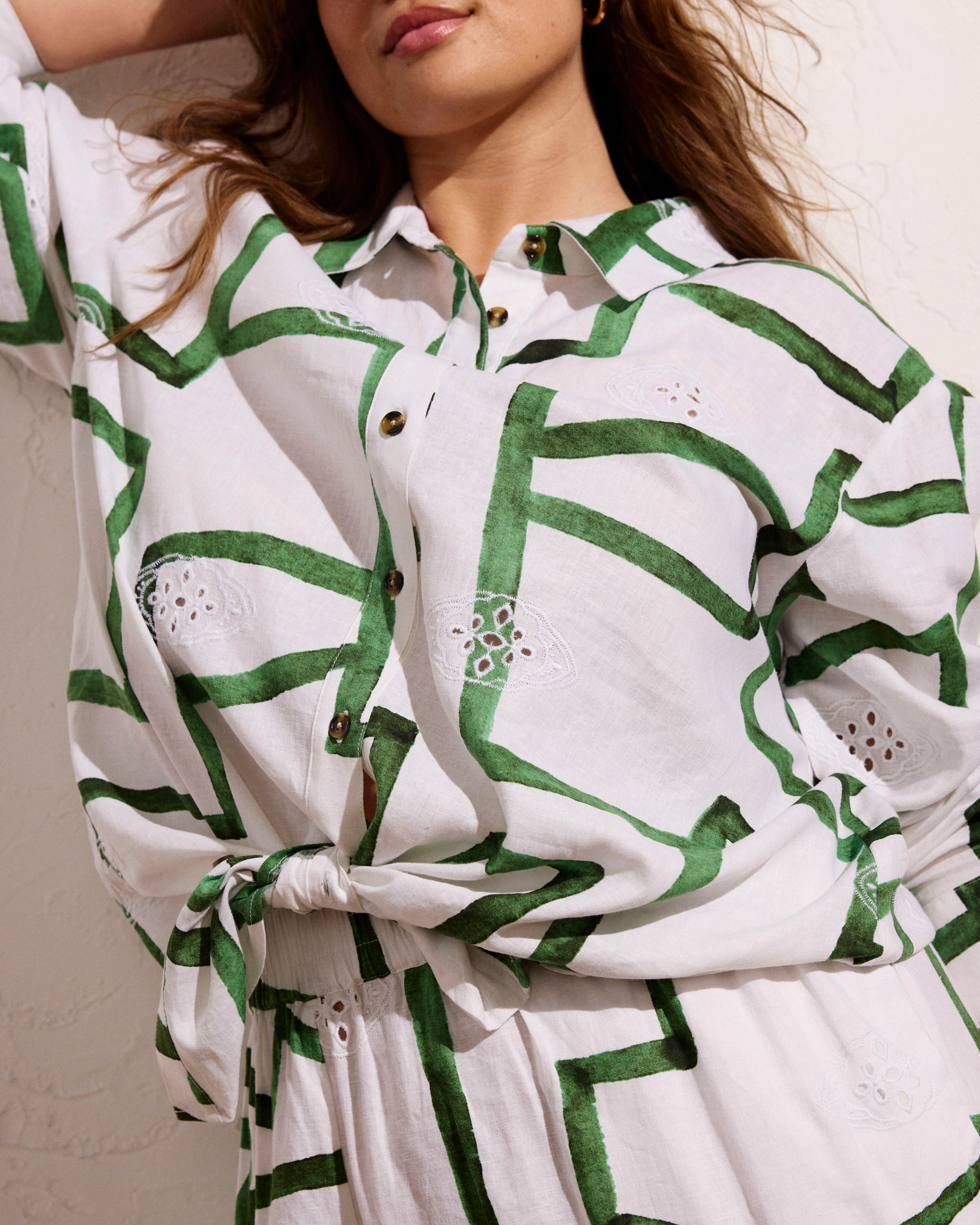 Dawn Linen Hi Low Tunic - Green Paint Print
