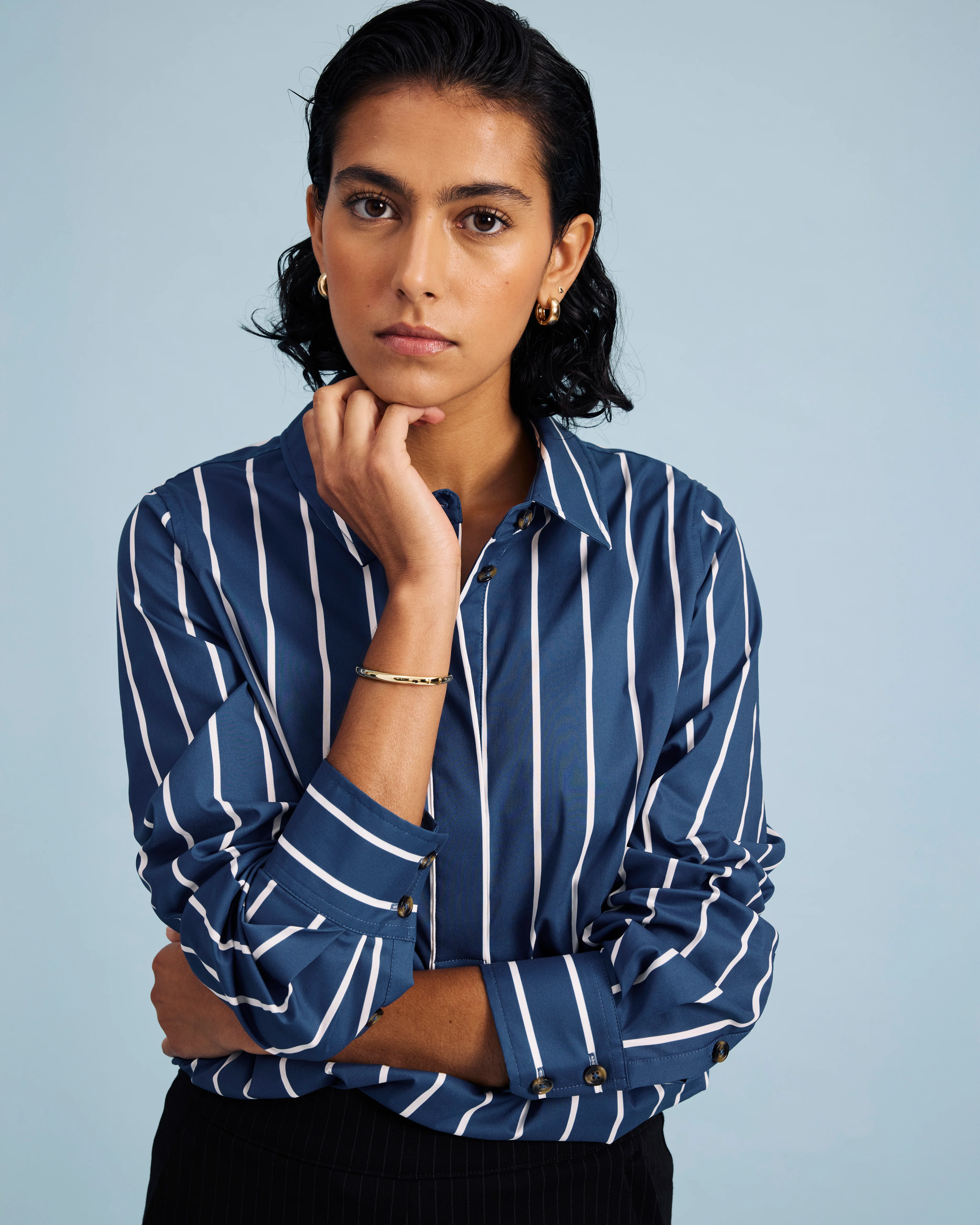 Elbe Stretch Poplin Shirt Classic Fit - Ensign Blue/White Stripe