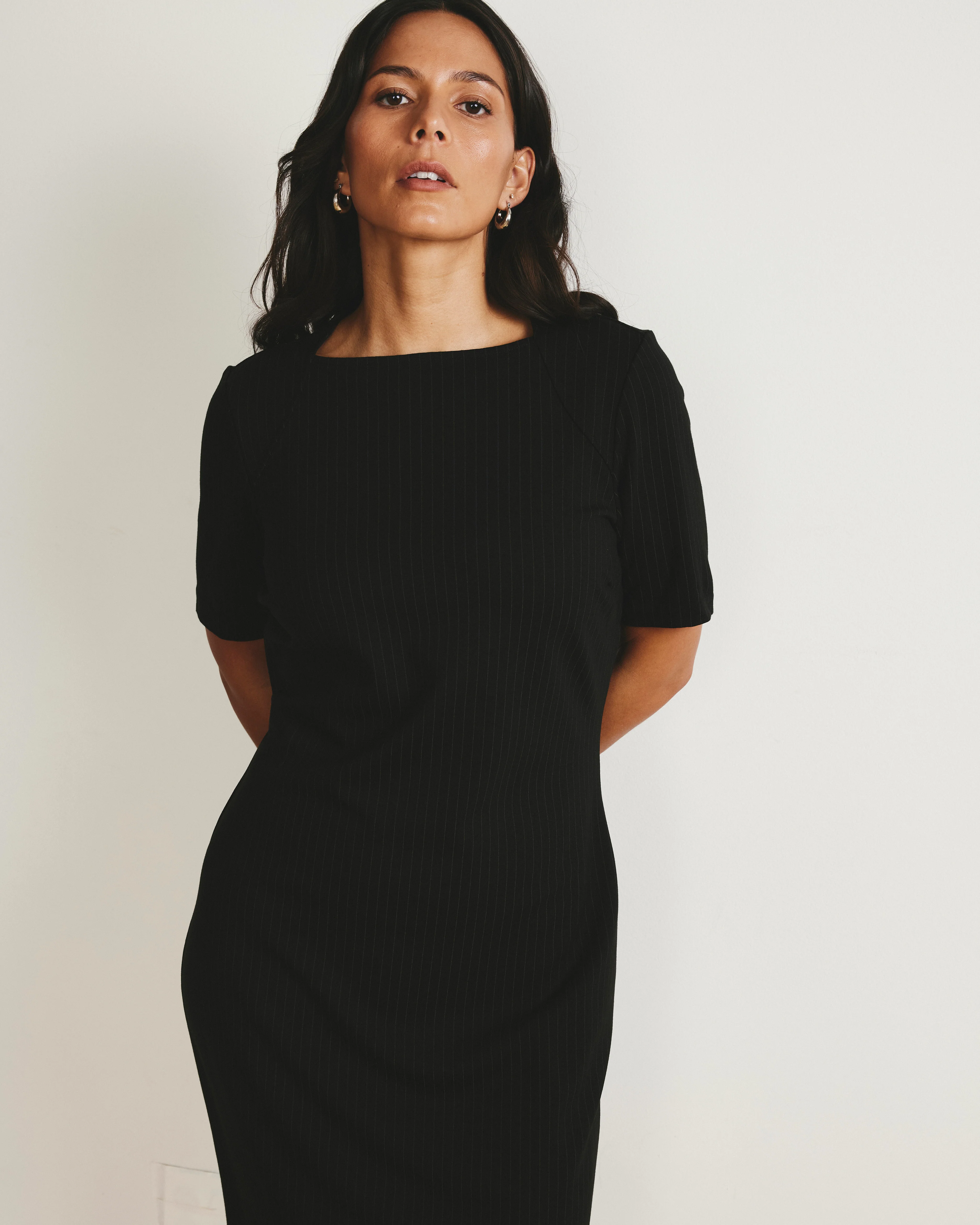 Envelope Neck Ponte Dress - Slate Pinstripe