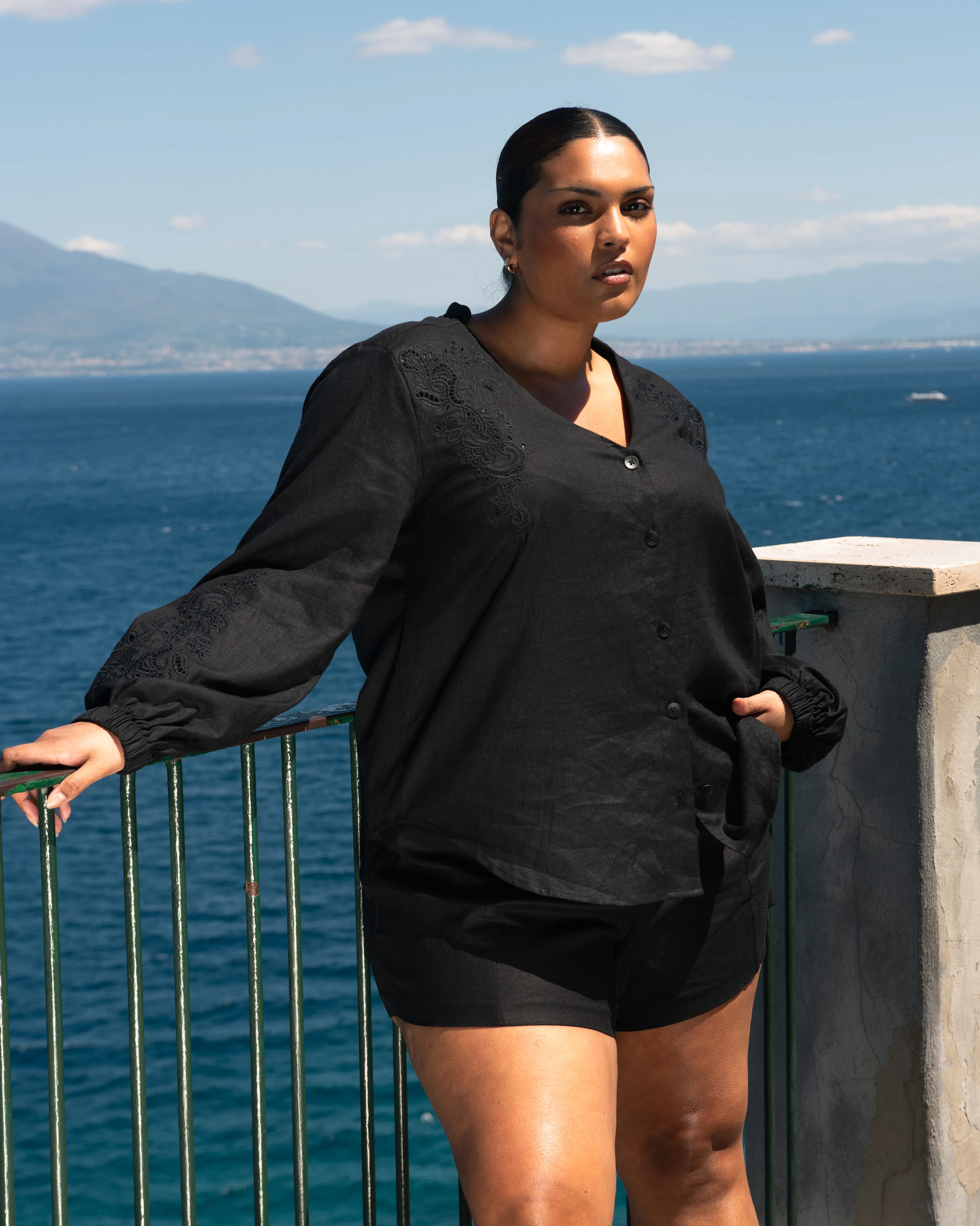 Frances Embroidered Linen Blouse - Black