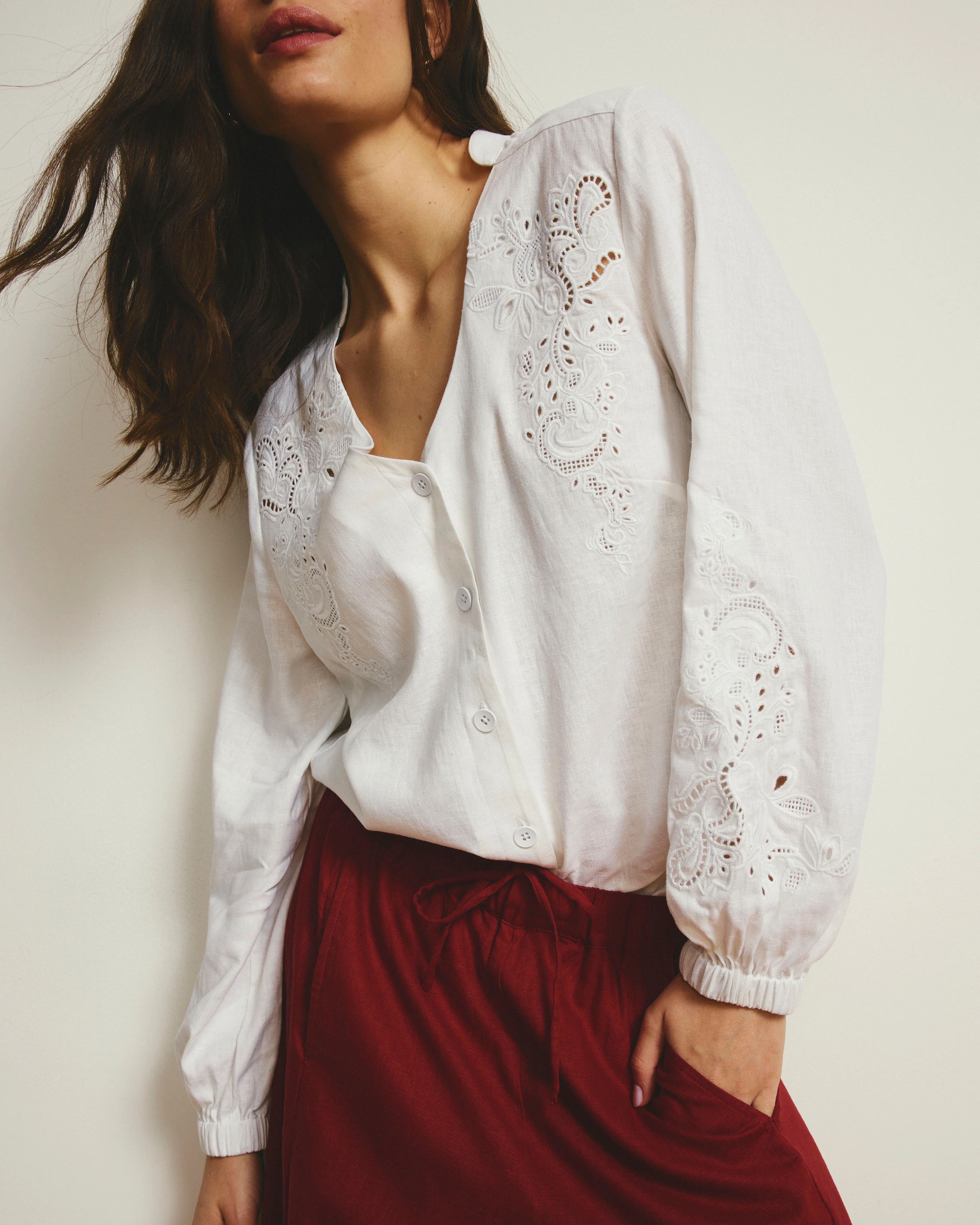 Frances Embroidered Linen Blouse - White