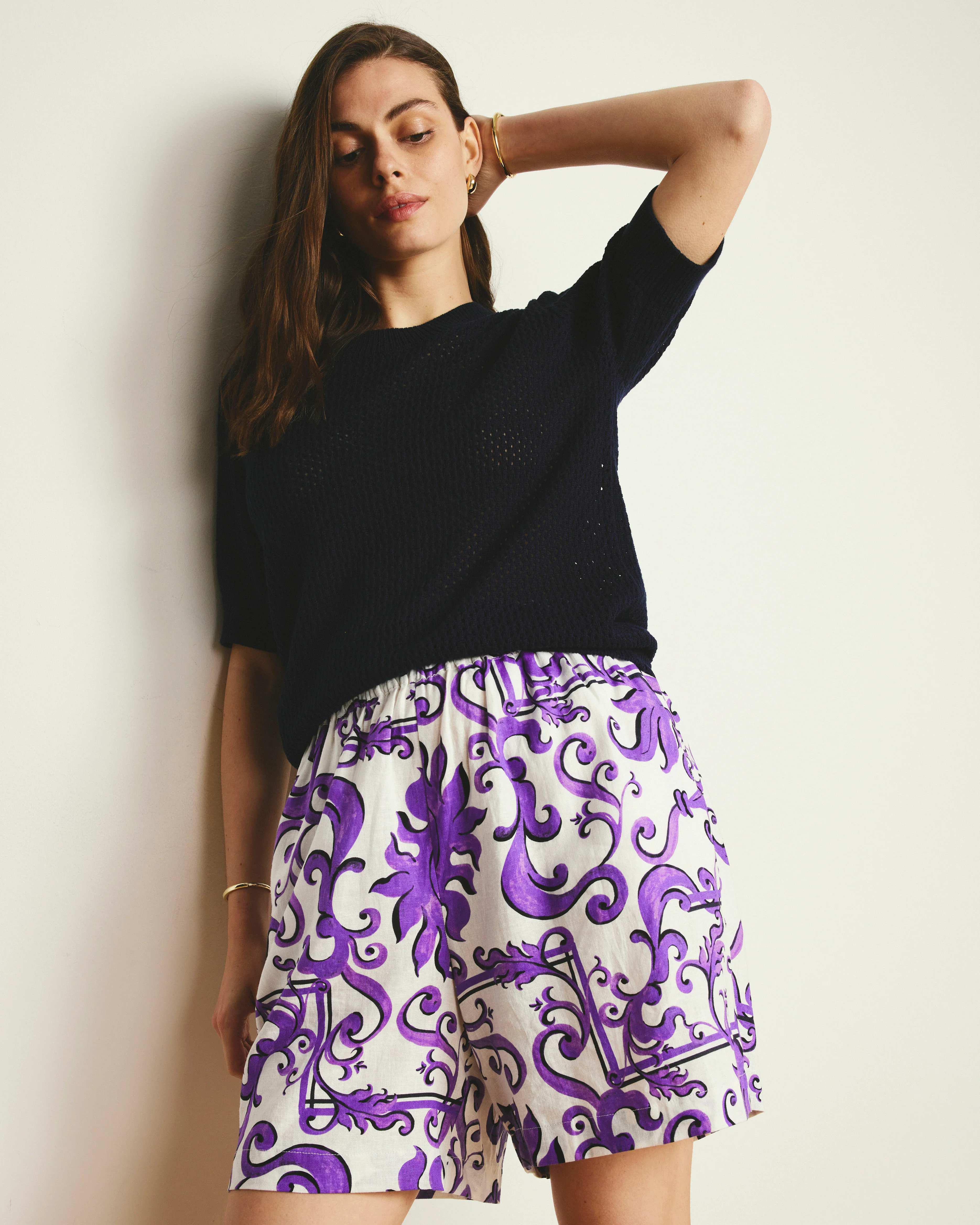 Juniper Linen Easy Pull-On Shorts - Purple Majolica Print - Image 2
