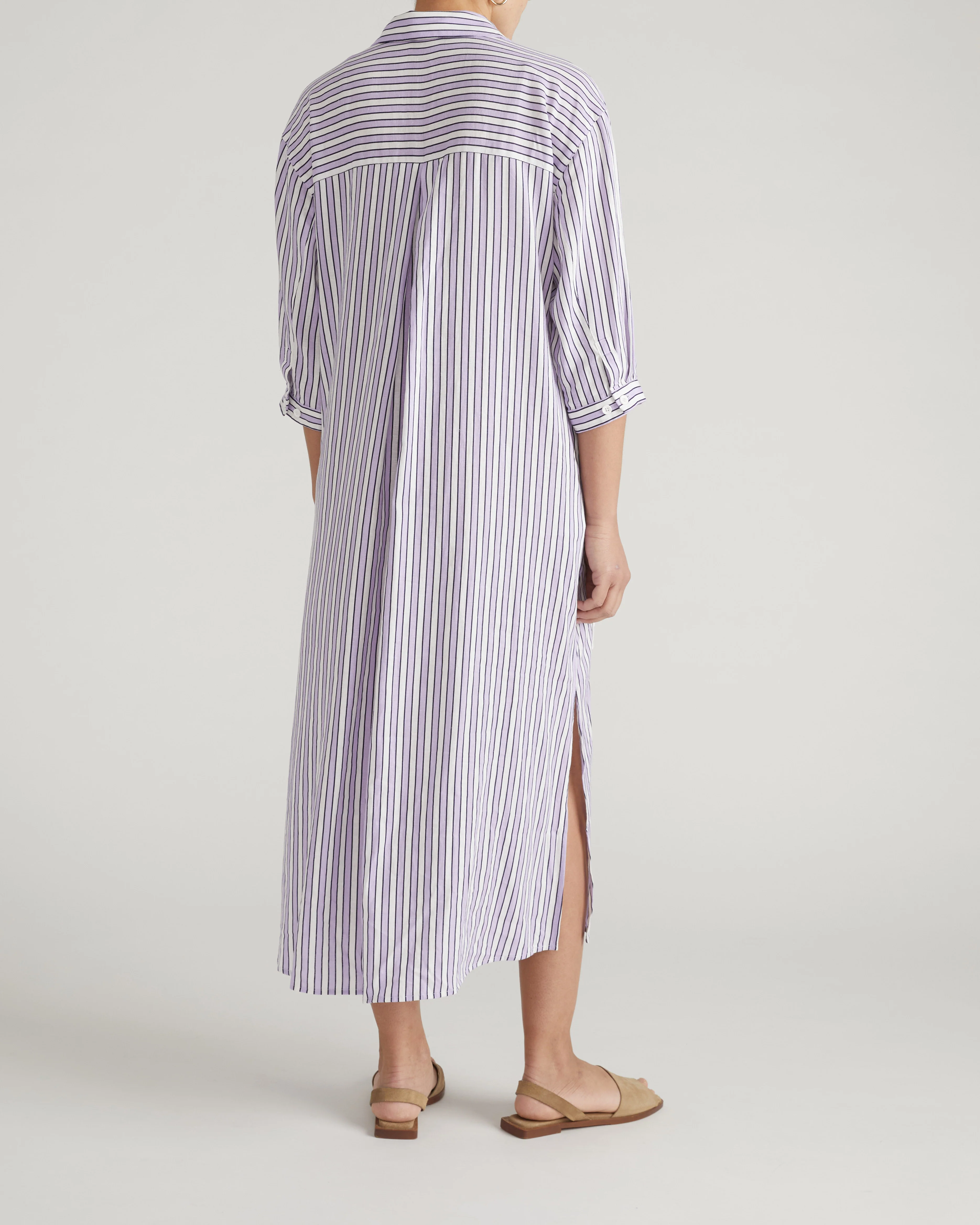 Paros Drawstring Linen Shirtdress - Lilac Stripe Print - Image 6