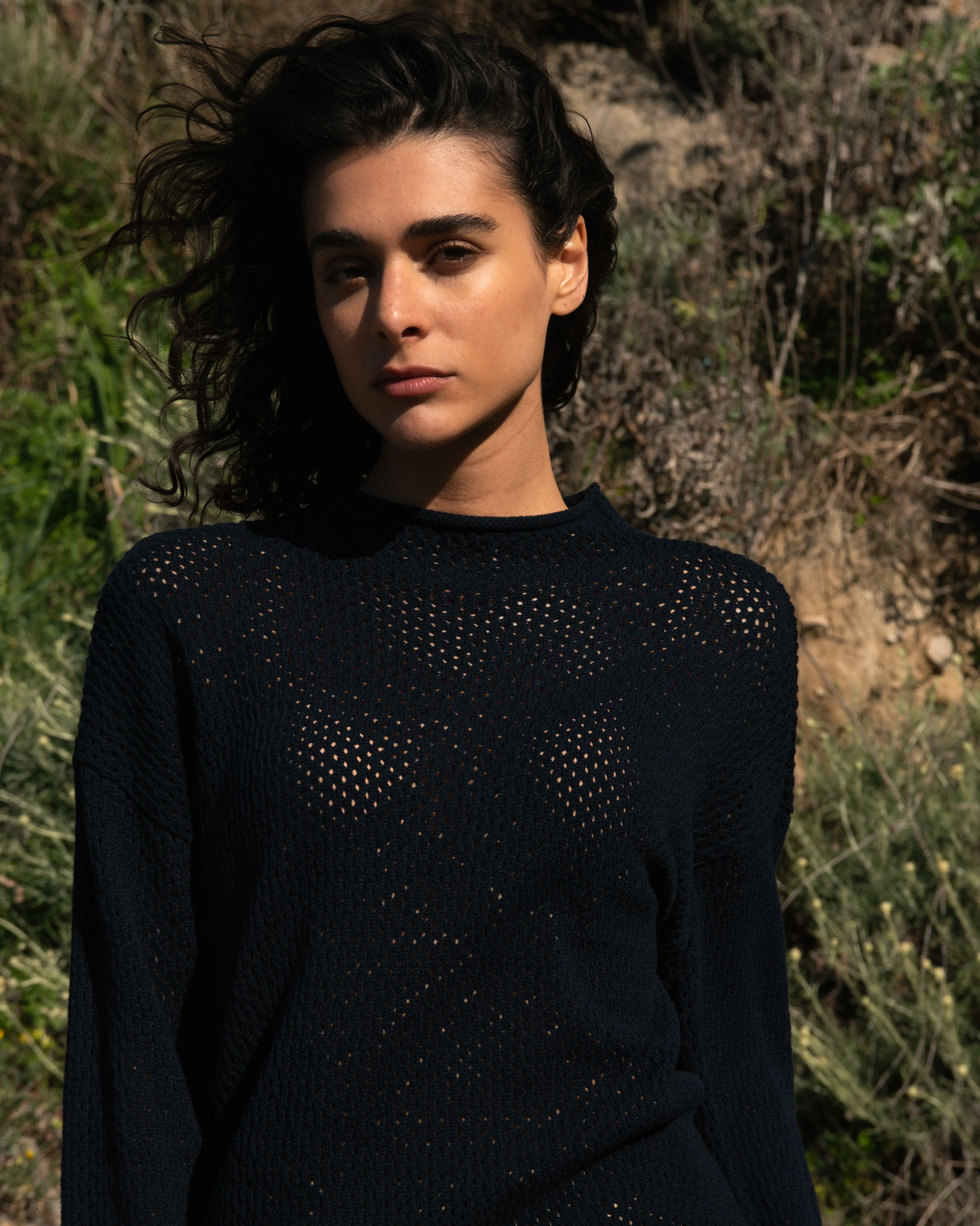 Positano Pointelle Mock Neck Sweater - Black